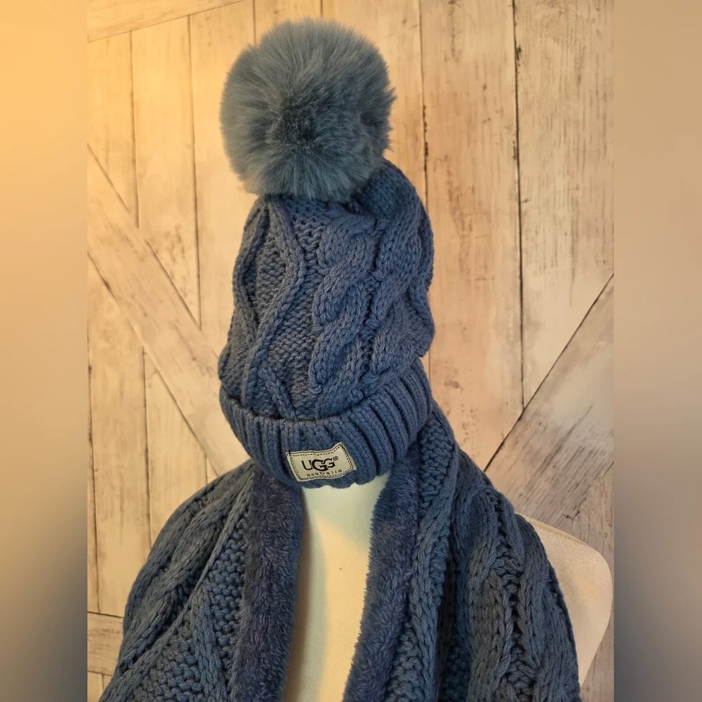 UGG Blue Knit Beanie and Scarf Set